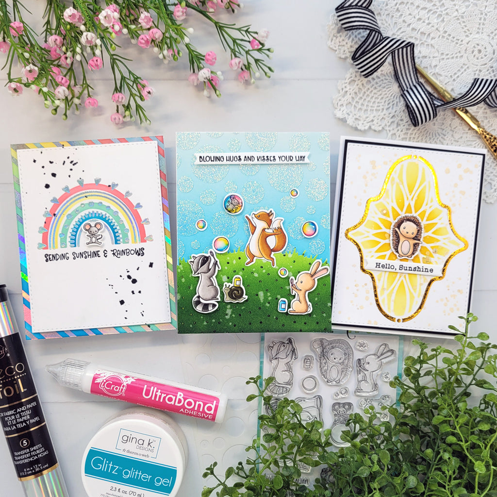 Collaboration with Miss Ink Stamps:  Bubbles, Rainbows and Sunshine Cards