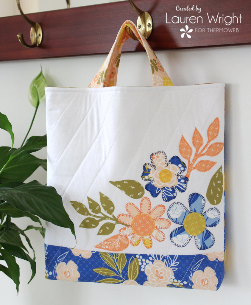 Colorful Fabric Flower Appliqué Tote Bag with Fusible Fleece