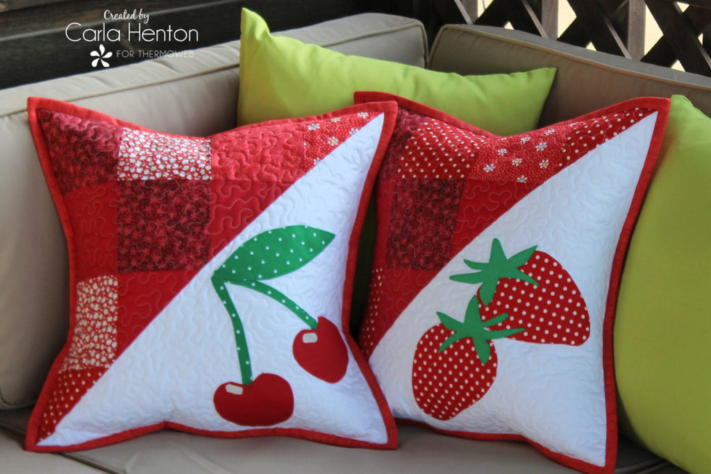 HeatnBond Cherry and Strawberry Fruit Applique and Patchwork Pillows