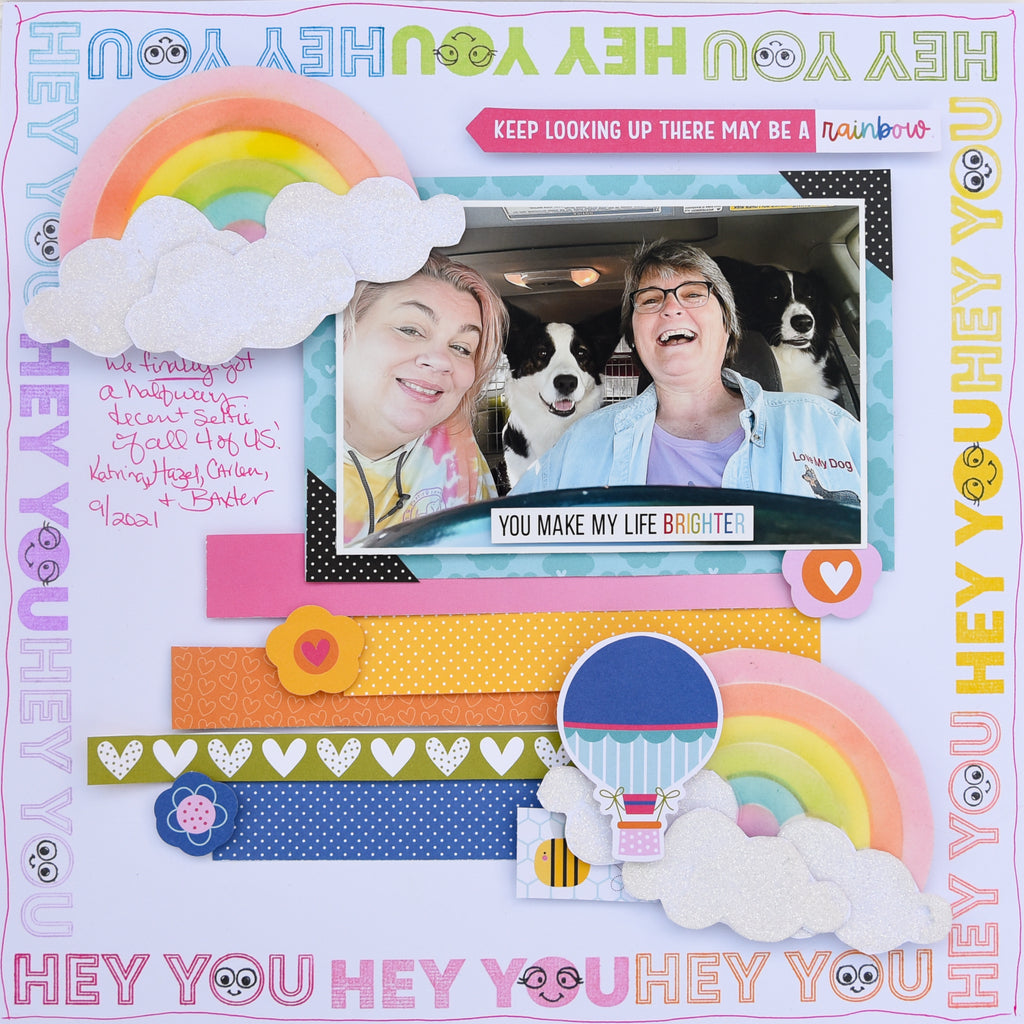 Hey You Scrapbook Page with Flocked Rainbows, Yes Please!