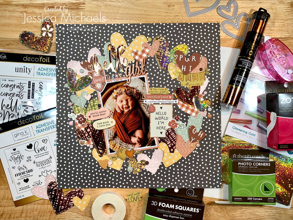Hello Baby Girl - Hearts Galore Scrapbook Layout with Foil and Adhesive Transfers