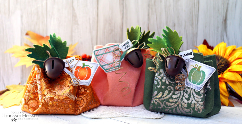 Trio of BEAUTIFUL Felt and Foiled Pumpkin Treat Bags w/ Coffee Gift Tags!!