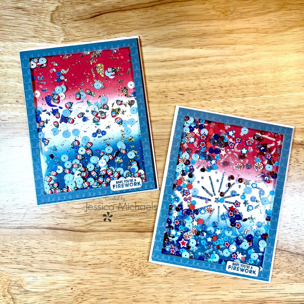 Firework Birthday Shaker Cards with Deco Foil Duo Gel and Gina K Shaker Strips