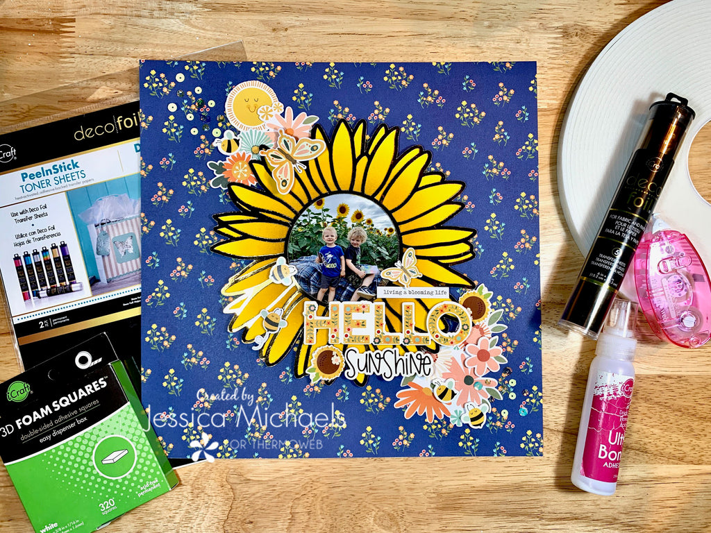 Hello Sunshine– Spring Flowers Week/Scrapbook Layout with Deco Foil/Flock and Peel n’ Stick Toner Sheets