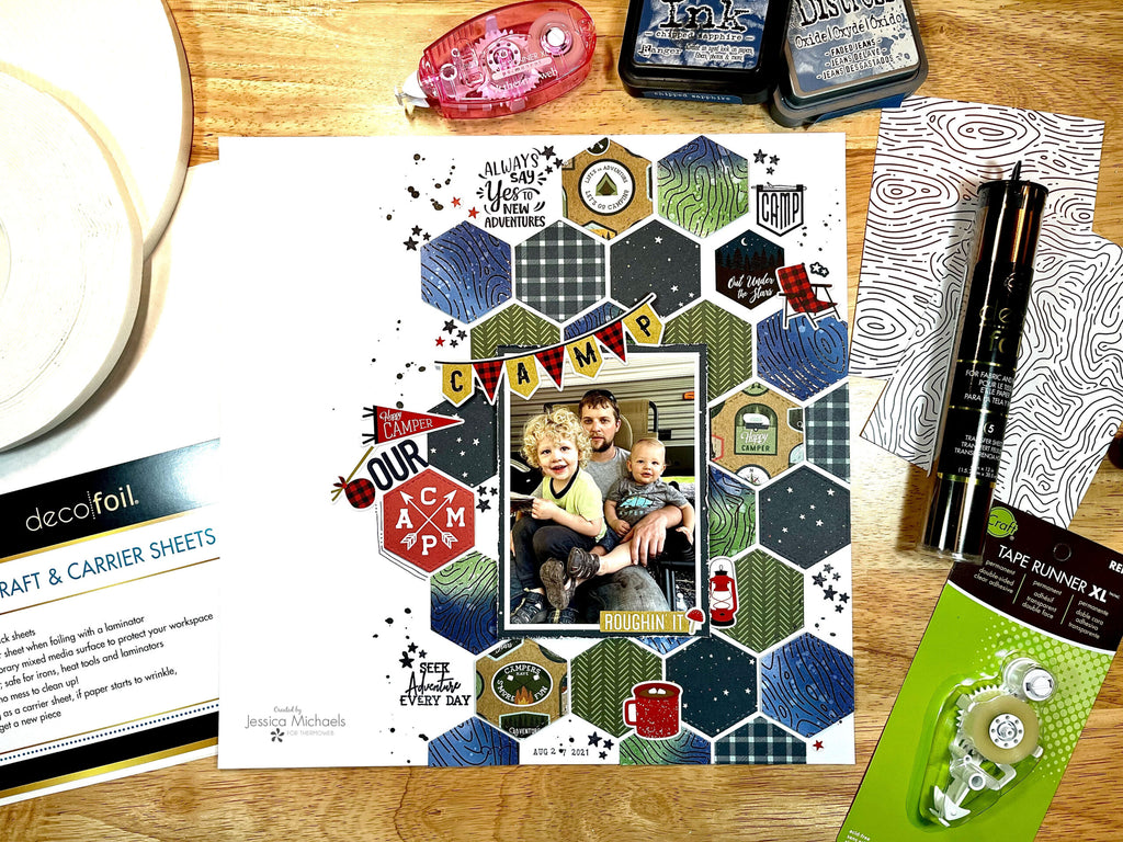 Our Camp– ALL NEW Deco Foil Toner Sheets/Scrapbook Layout with Deco Foil and Foam Adhesive