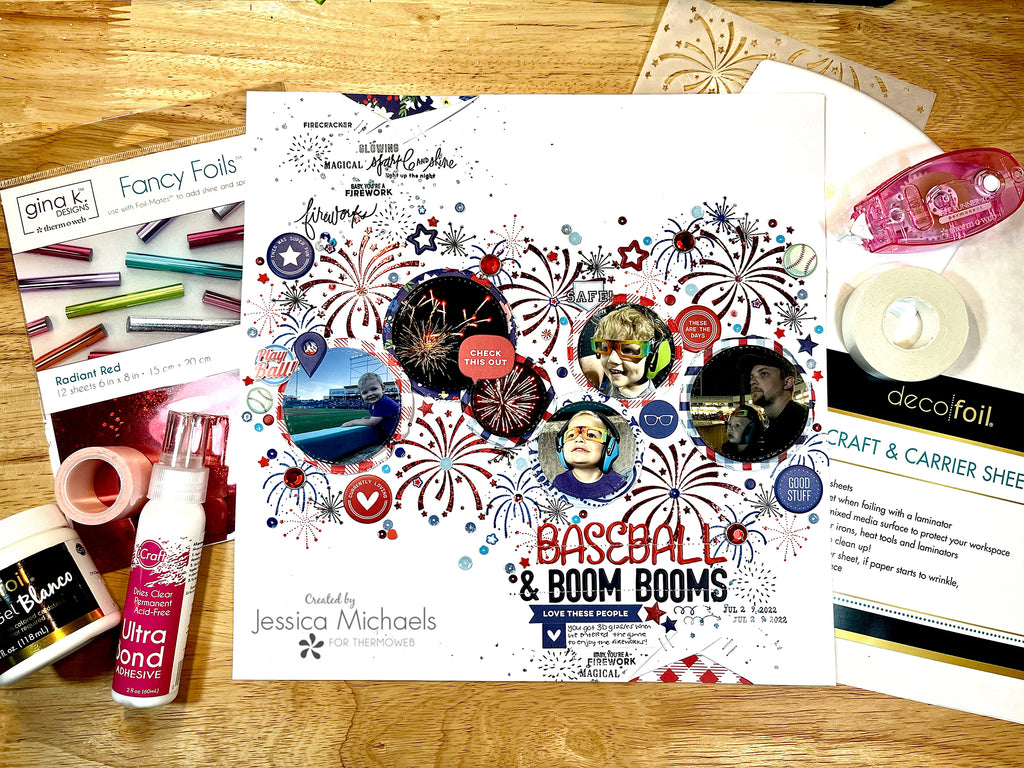Baseball and Boom Booms–Scrapbook Layout with Deco Foil Blanco Gel and Gina K Fancy Foils