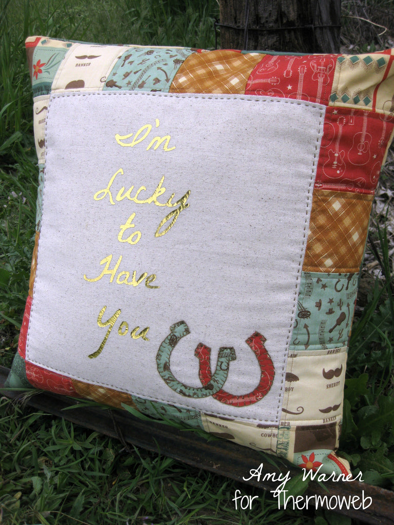 Lucky to Have You Deco Foil Horseshoe Pillow