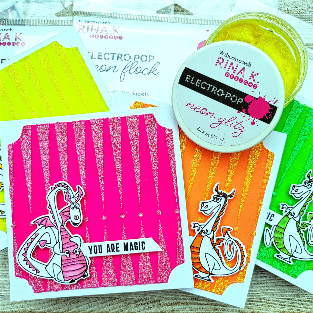 Colorful Dragon Cards with Neon Flock and Glitz