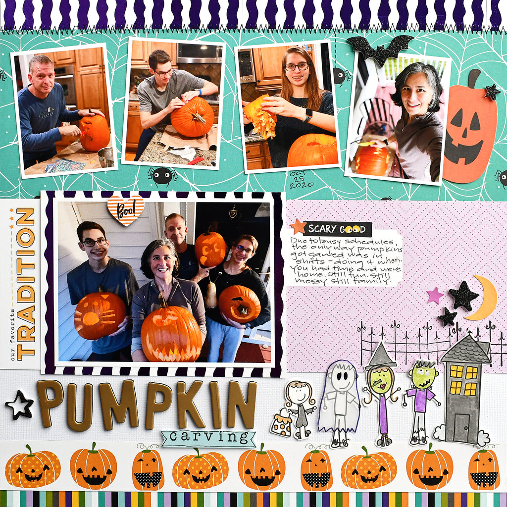 Halloween Pumpkin Carving Scrapbook Page with Laura Kelly Stamps