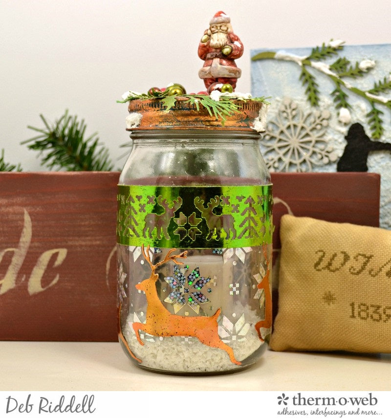 Snowflakes and Reindeer Mason Jar Votive Holder With Deco Foil Clear Designer Toner Sheets