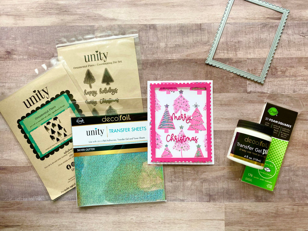 Colorful Foiled Holiday Cards with Unity Ornamental Pines Stamp and Stencil Bundle