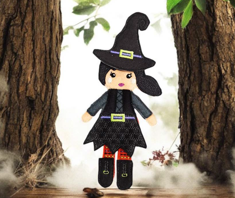 Little Witch Machine Embroidery Felt Doll Pattern featuring Benzie Design Felt