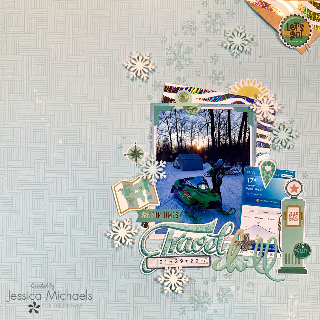 Travel Week with Toner Sheets, Foil and Flock – Travel and Chill Scrapbook Layout