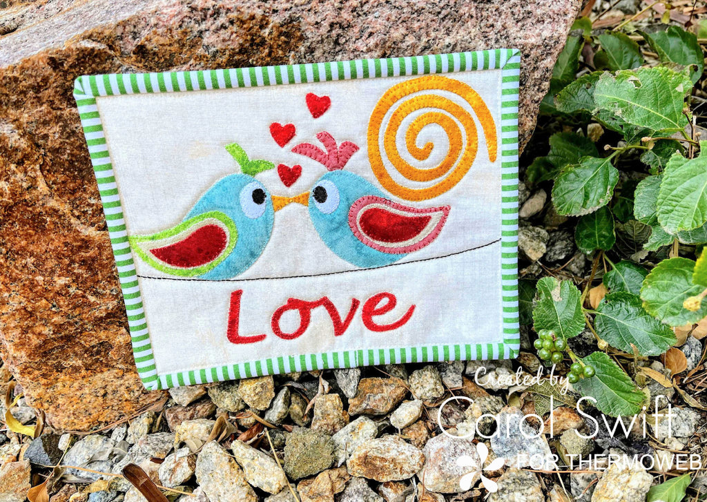 Valentine Birds Love at First Sight Fabric Applique Mug Rug