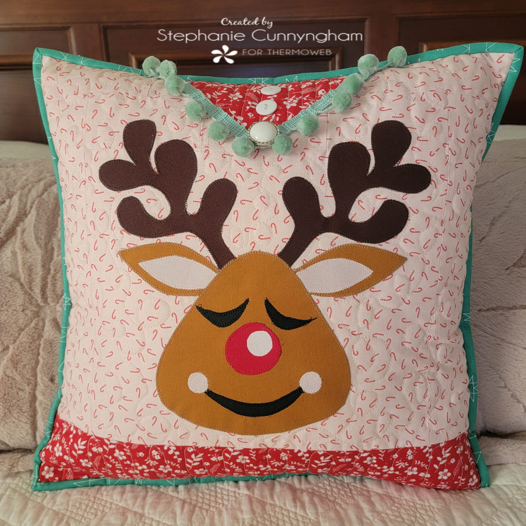 Christmas Sweater Pillow with Reindeer Applique