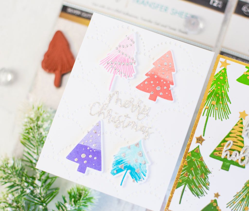 How to Use the NEW Unity Stamp, Stencil, Foils and Dies to Create Decorative Glittery Evergreen Trees
