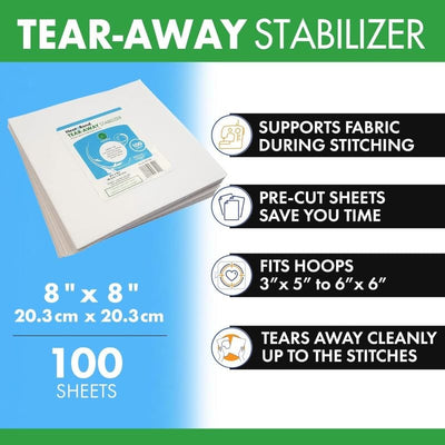 Therm O Web Tear Away Machine Embroidery Stabilizer by HeatnBond - 8 inch x 8 inch Sheets Medium Weight 1.8 Ounce - Pack of 100 Q7509